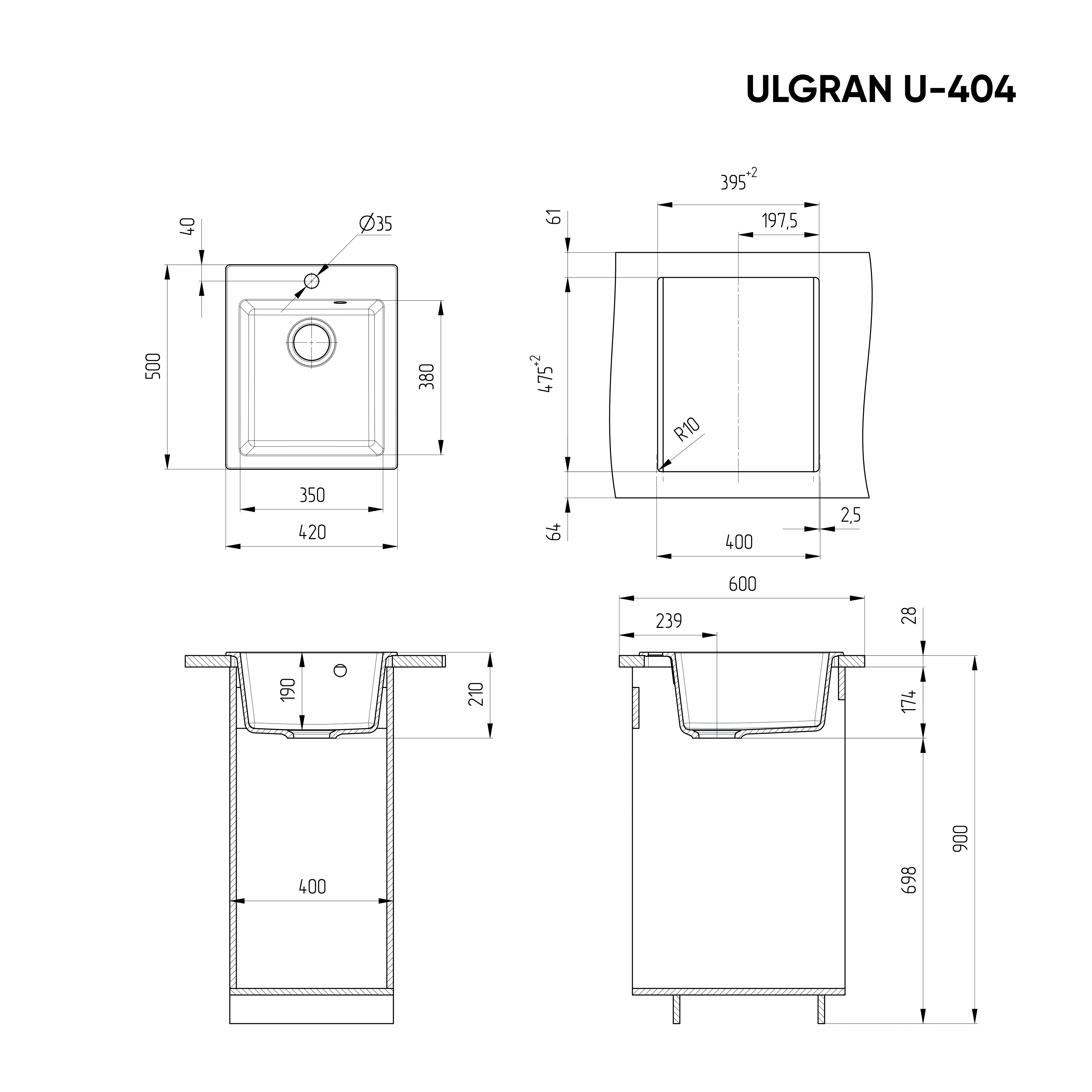 Мойка квадратная Ulgran U - 404 - 302 (песочный) 500*420мм - Изображение №2