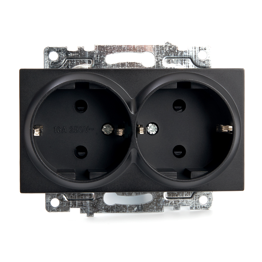 Розетка 2-местная с защит. шторкой (механизм) с/з, 16А, STEKKER серия Катрин, GLS16-7114-05, черный - миниатюра №3