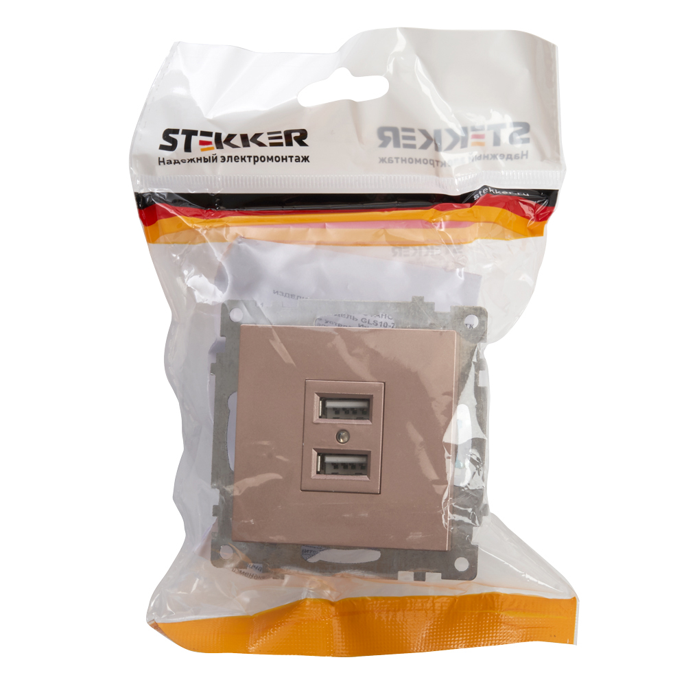Розетка 2-местная USB (механизм), 250В, 2,1А, STEKKER серия Катрин, GLS10-7115-02, шампань - миниатюра №2