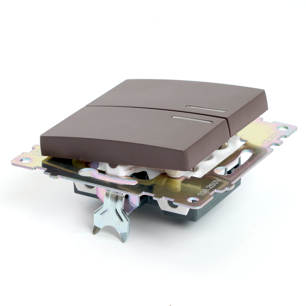 Выключатель 2-клавишный c индикатором (механизм) 250В, 10А, STEKKER серия Катрин, шоколад - миниатюра №3