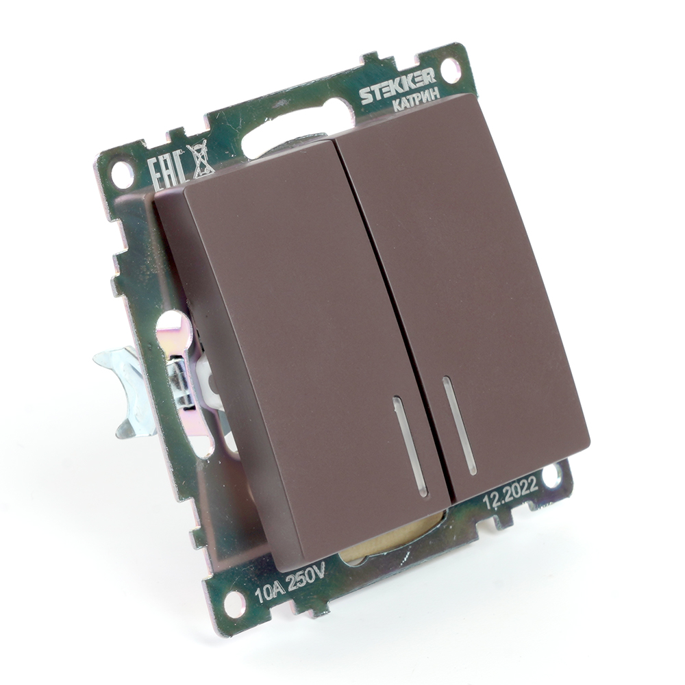 Выключатель 2-клавишный c индикатором (механизм) 250В, 10А, STEKKER серия Катрин, шоколад - миниатюра №6