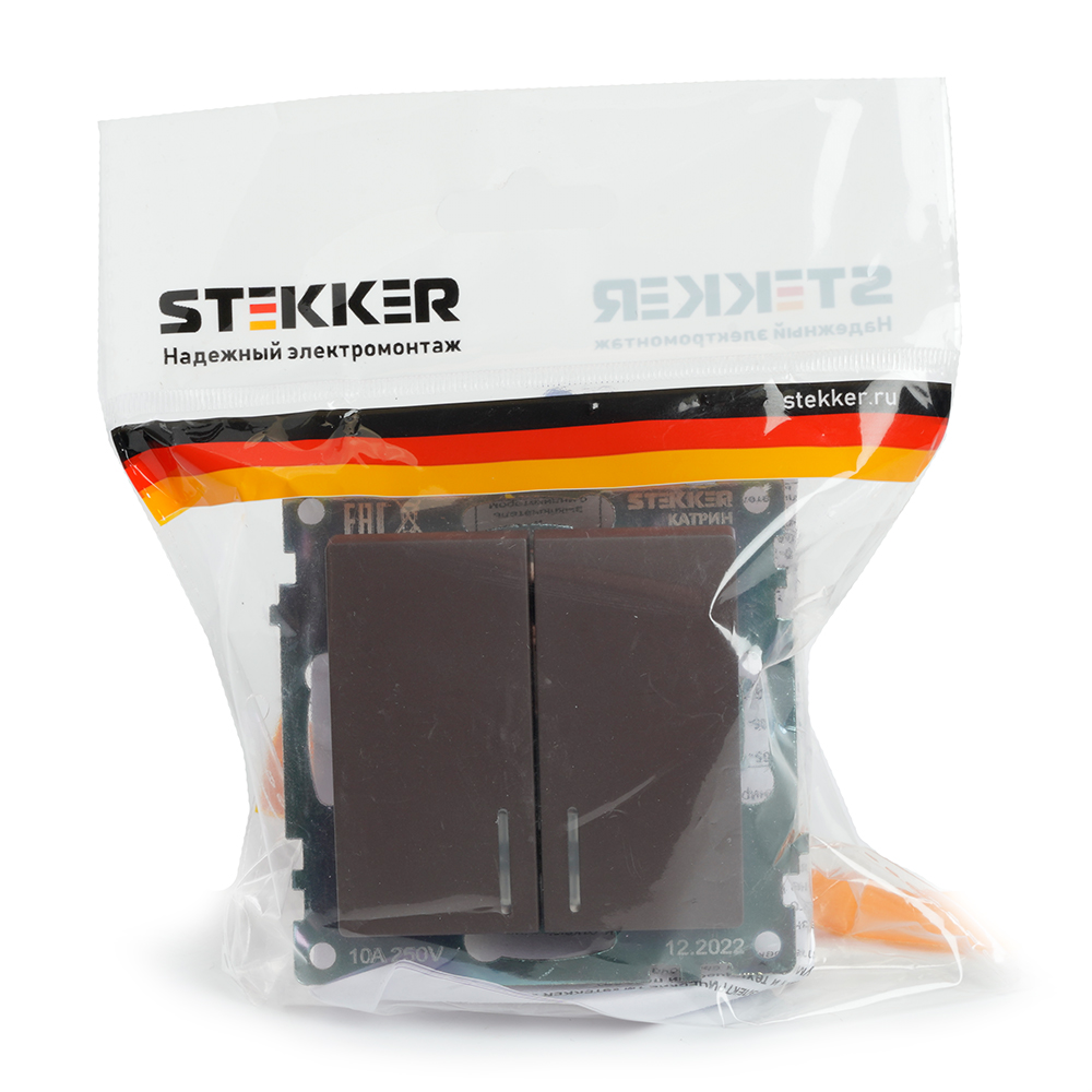 Выключатель 2-клавишный c индикатором (механизм) 250В, 10А, STEKKER серия Катрин, шоколад - миниатюра №7