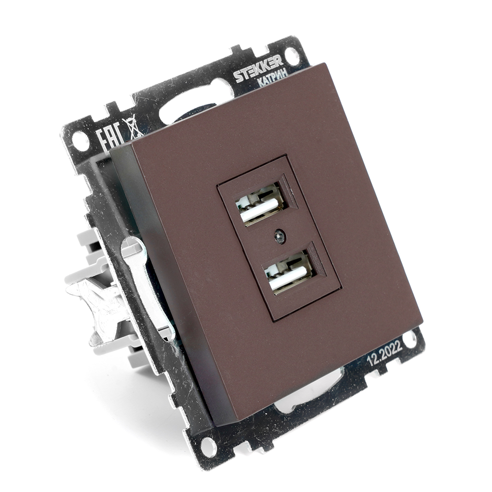 Розетка 2-местная USB (механизм), 250В, 2,1А, STEKKER серия Катрин, GLS10-7115-04, шоколад - миниатюра №4