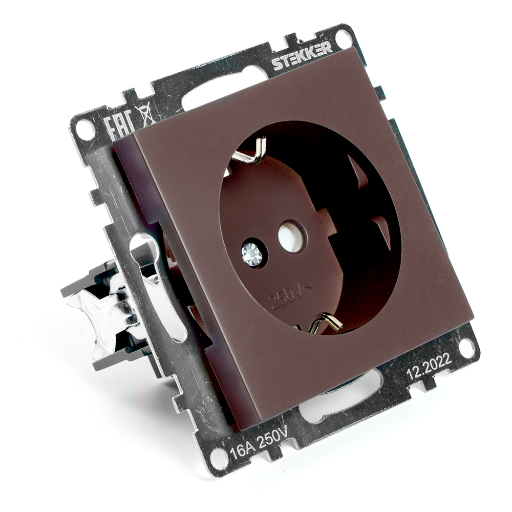 Розетка 1-местная с защит. шторкой с/з (механизм), 16А, STEKKER серия Катрин, GLS16-7110-04, шоколад - миниатюра №6