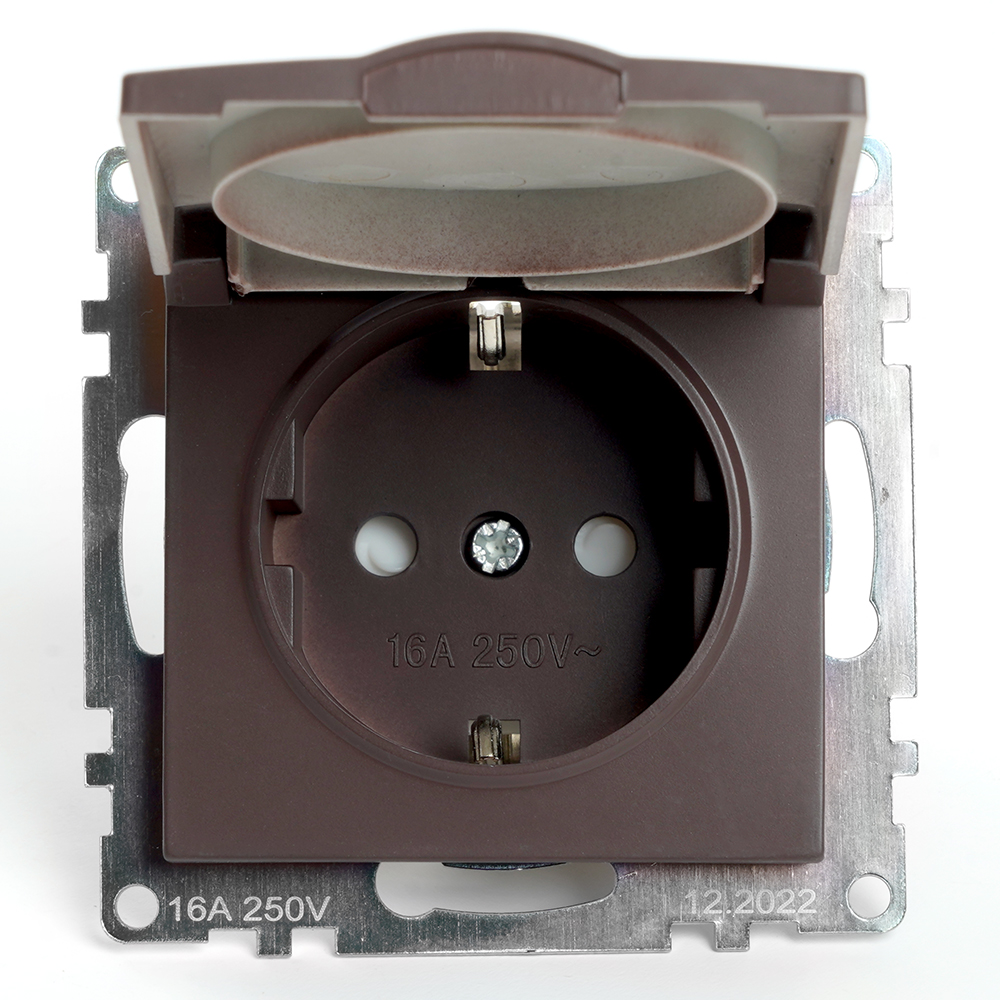 Розетка 1-местная с крышкой с защ. штор (механ.) с/з, 16А, STEKKER серия Катрин, GLS16-7112-04, шоко - миниатюра №3