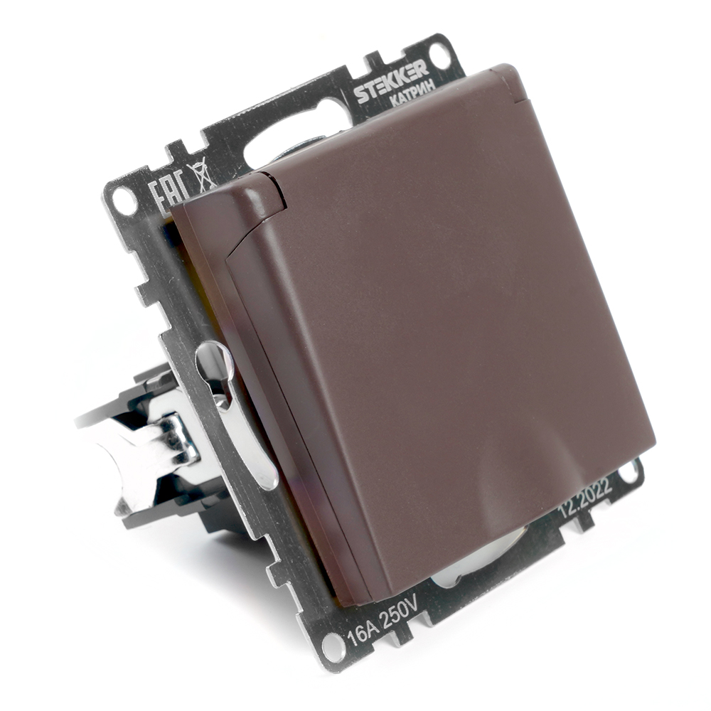 Розетка 1-местная с крышкой с защ. штор (механ.) с/з, 16А, STEKKER серия Катрин, GLS16-7112-04, шоко - миниатюра №4