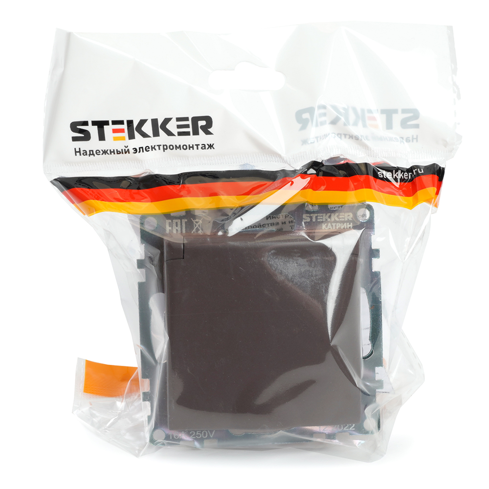 Розетка 1-местная с крышкой с защ. штор (механ.) с/з, 16А, STEKKER серия Катрин, GLS16-7112-04, шоко - миниатюра №7