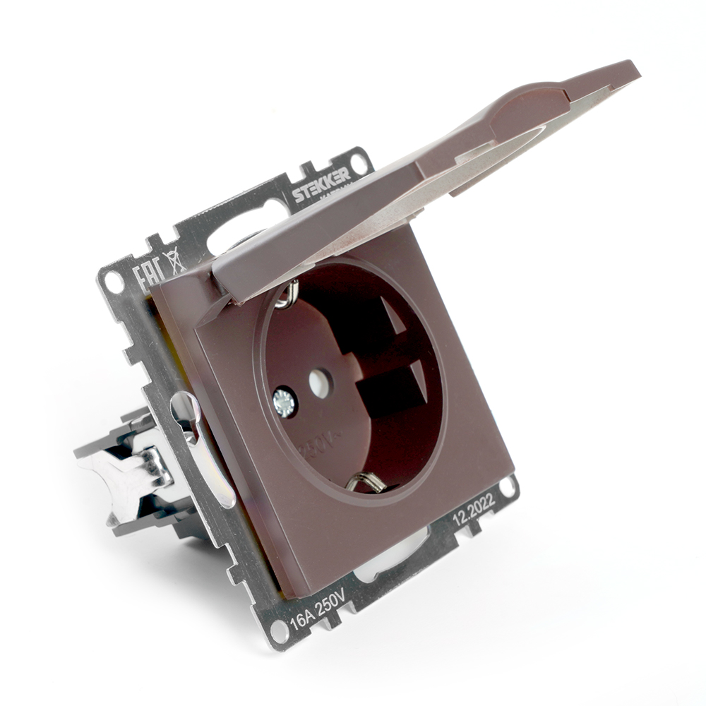 Розетка 1-местная с крышкой с защ. штор (механ.) с/з, 16А, STEKKER серия Катрин, GLS16-7112-04, шоко - изображение №1