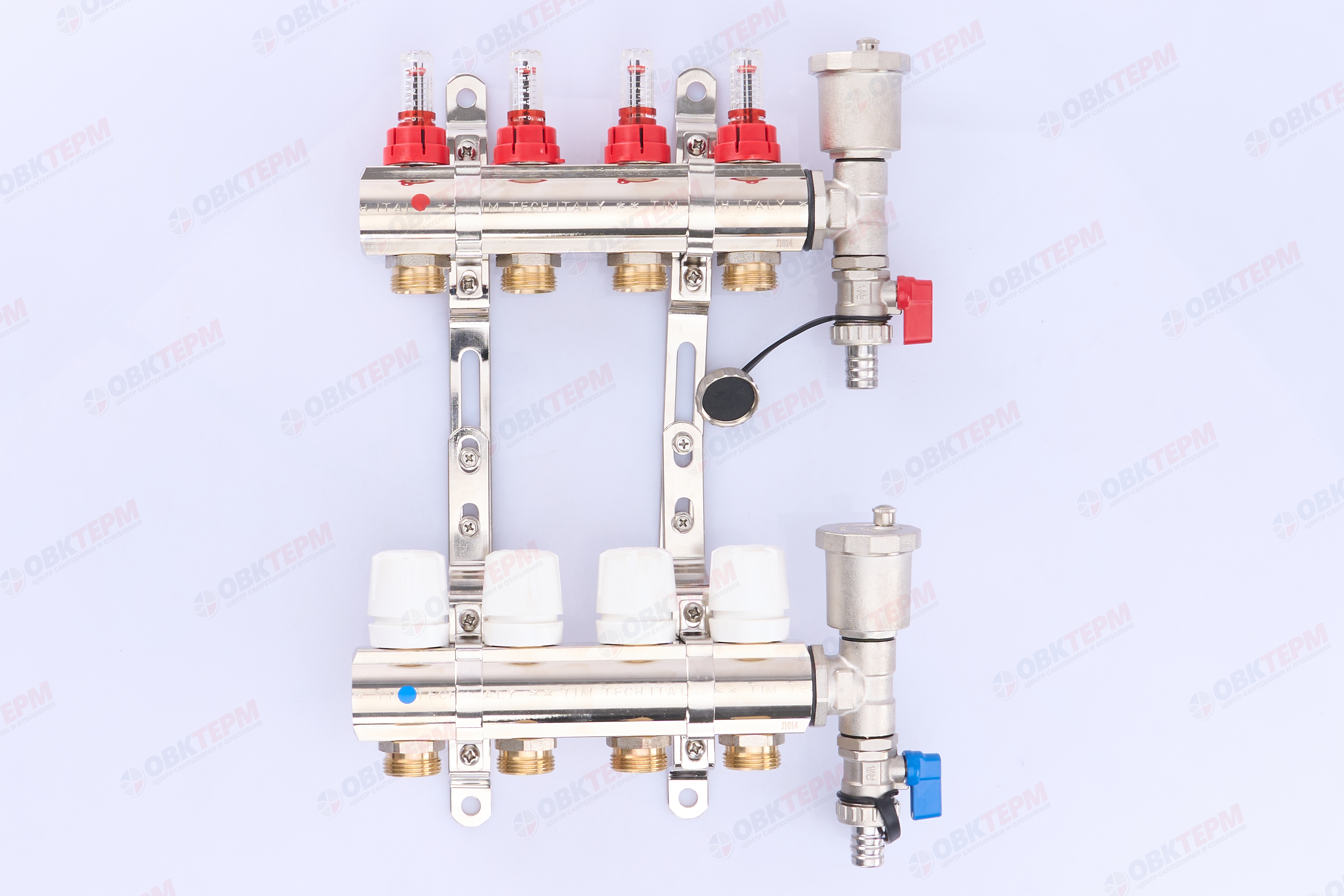 Коллектор с расходомерами без кранов TIM KF004 латунный 1" на   4 выхода    (1шт/2ящ) - Изображение №1
