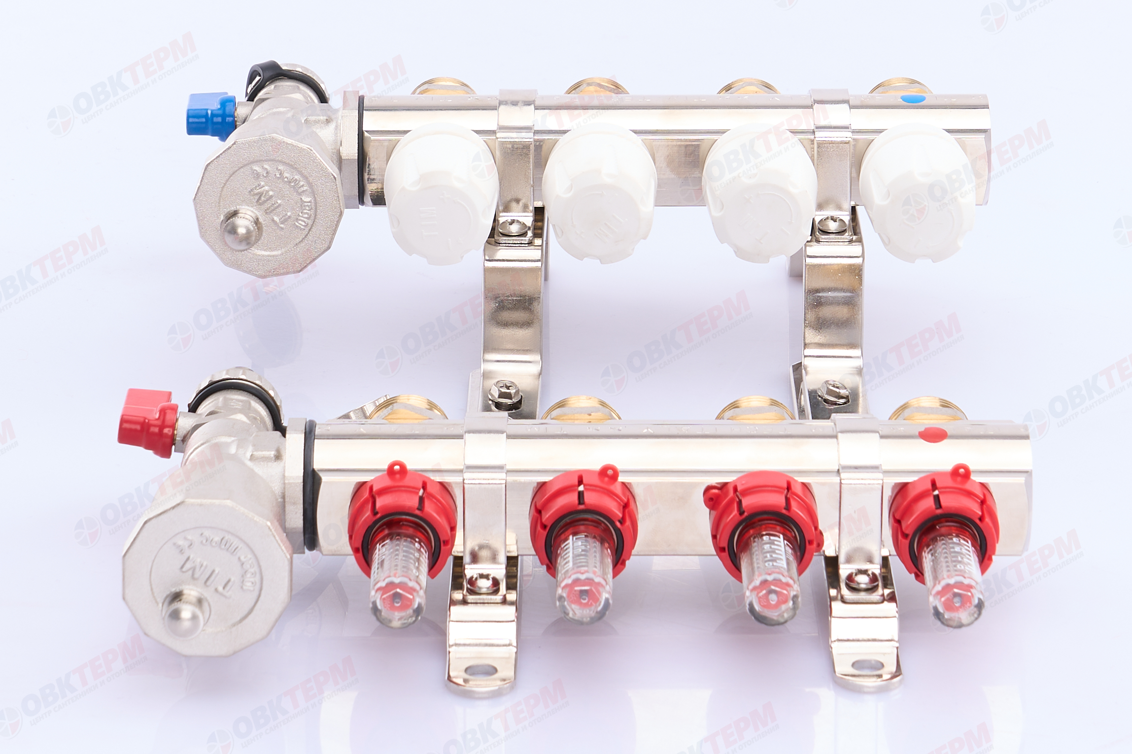 Коллектор с расходомерами без кранов TIM KF004 латунный 1" на   4 выхода    (1шт/2ящ) - Изображение №4