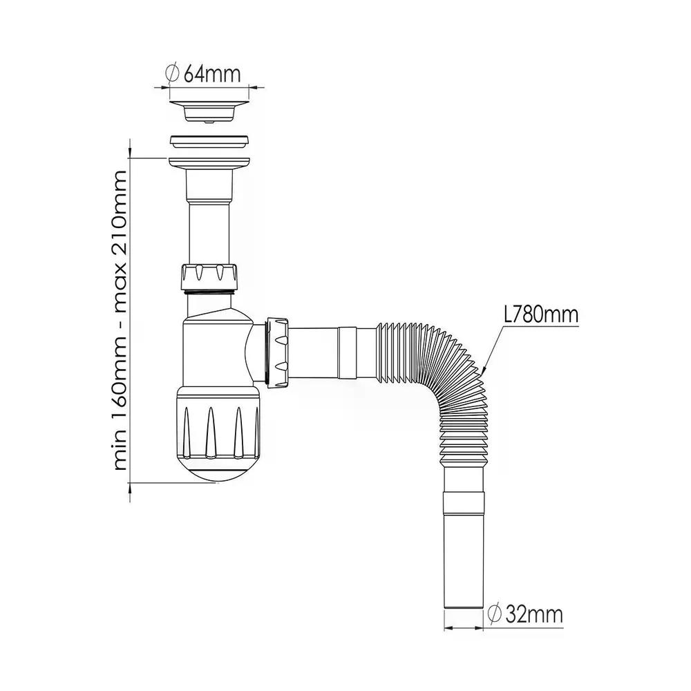 NOVA Сифон для умывальника 1050 1 1/4 с неразборным выпуском 64мм (1шт/40упак) - Изображение №2