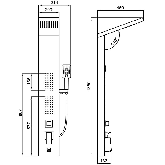 Душ/панель FRAP F24005-6 черная (верхний душ, ручн. лейка) - миниатюра №2