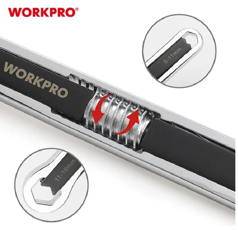 Ключ универсальный регулируемый гаечный (5 -11мм, 11-16мм, 9/32"-5/8") метрич,дюйм WORKPRO, Китай - Изображение №3