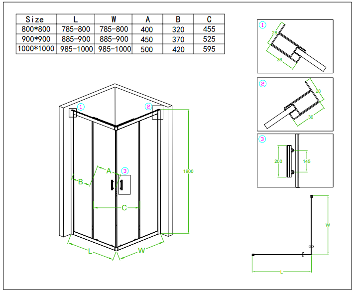Душевое ограждение REDO 1228C - Chrome MATT, 6мм матовое стекло 100*100*195 квадрат - миниатюра №2