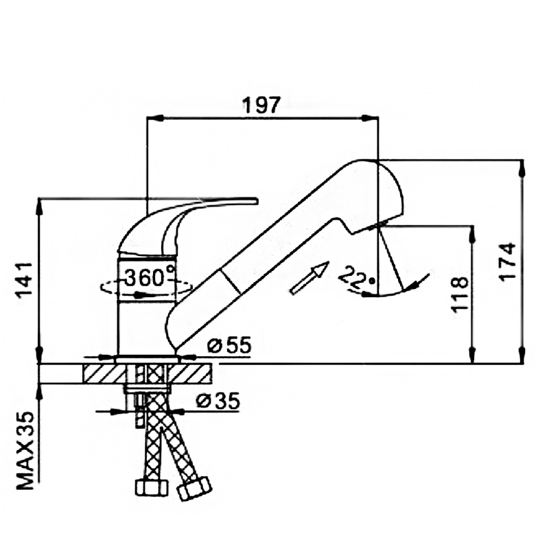 Смеситель д/кухни хром F6002-В   (ф40, вытяжной  гусак, на шпильке) FRAP - миниатюра №2