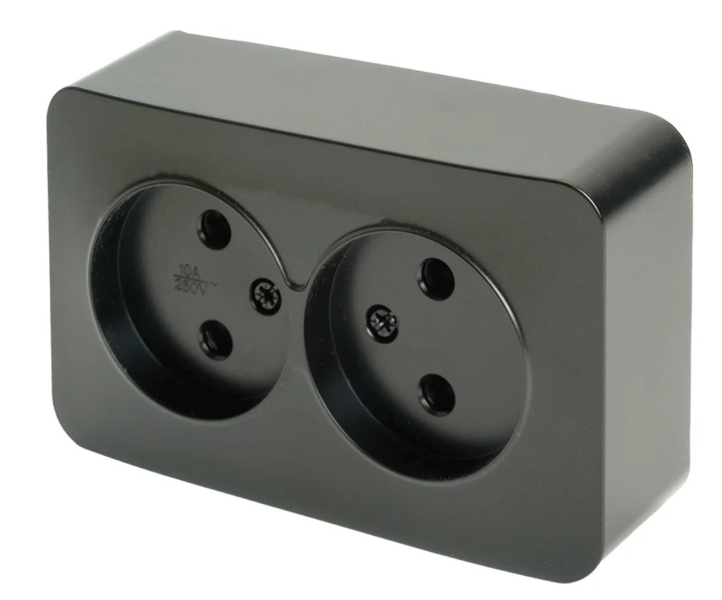 Розетка 2-местная б/з открытой установки, 250В, 10А, IP20, серия София, черный матовый, MST10-12-05 - Изображение №1