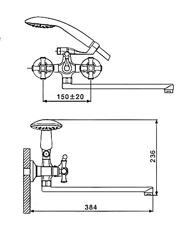 Смеситель д/ванны буксовый GAPPO G2242 латунь /хром /керам/буксы, излив 350мм, лейка 1 реж - миниатюра №6