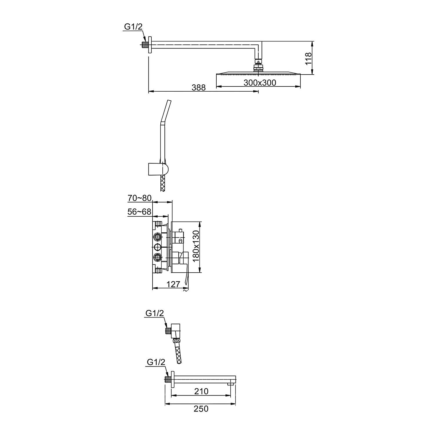 Душ/система встраиваемая GAPPO G7102 хром /Ø35мм /тропич. душ 300х300мм, - миниатюра №2