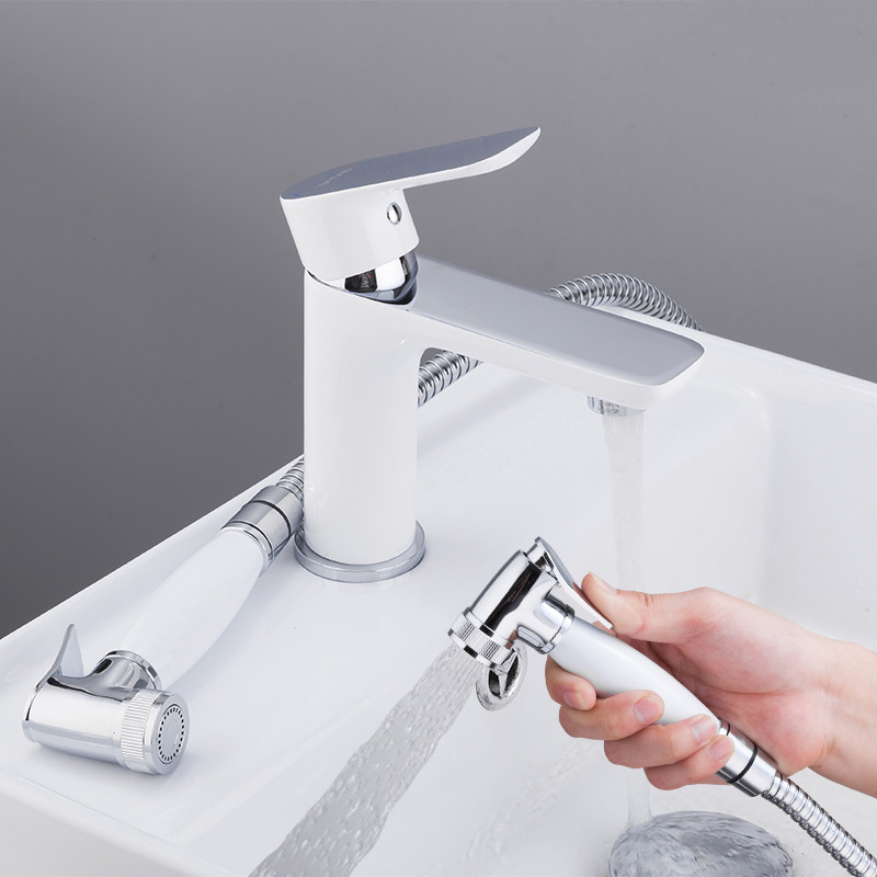 Смеситель д/раковины GAPPO G1048-1 латунь /белый/хром(с гигиенич. лейкой, Ø35, на шпильке) - миниатюра №2