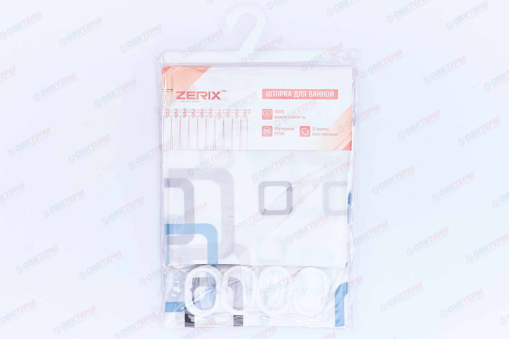 Штора для ванной из полиэтилена (Узор сине-голубой на белом) ZERIX SCP-002-180x180 (50 шт/ящ) - Изображение №2