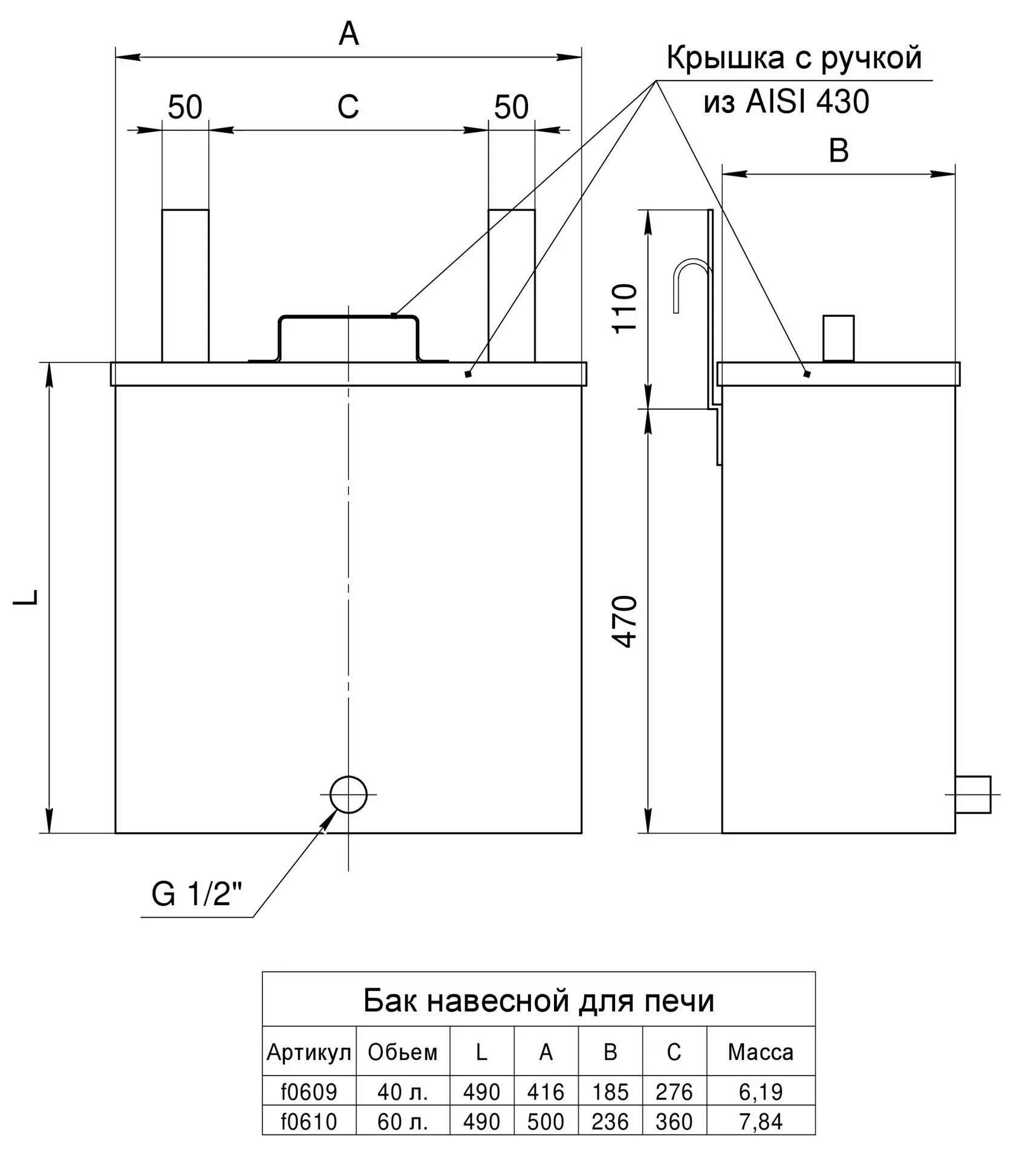 Бак "Комфорт" (AISI 201/1.0) навесной для печи 60л - Изображение №2