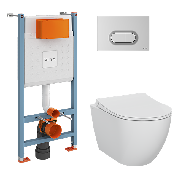 Комплект унитаза с инсталляц. VitrA Mia Roun 9856B003-7200 с сиденьем SC и хром. клавишей смыва - Изображение №1