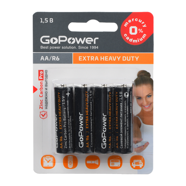 Батарейка GoPower R6 AA BL4 Heavy Duty 1.5V 4шт/уп - Изображение №1