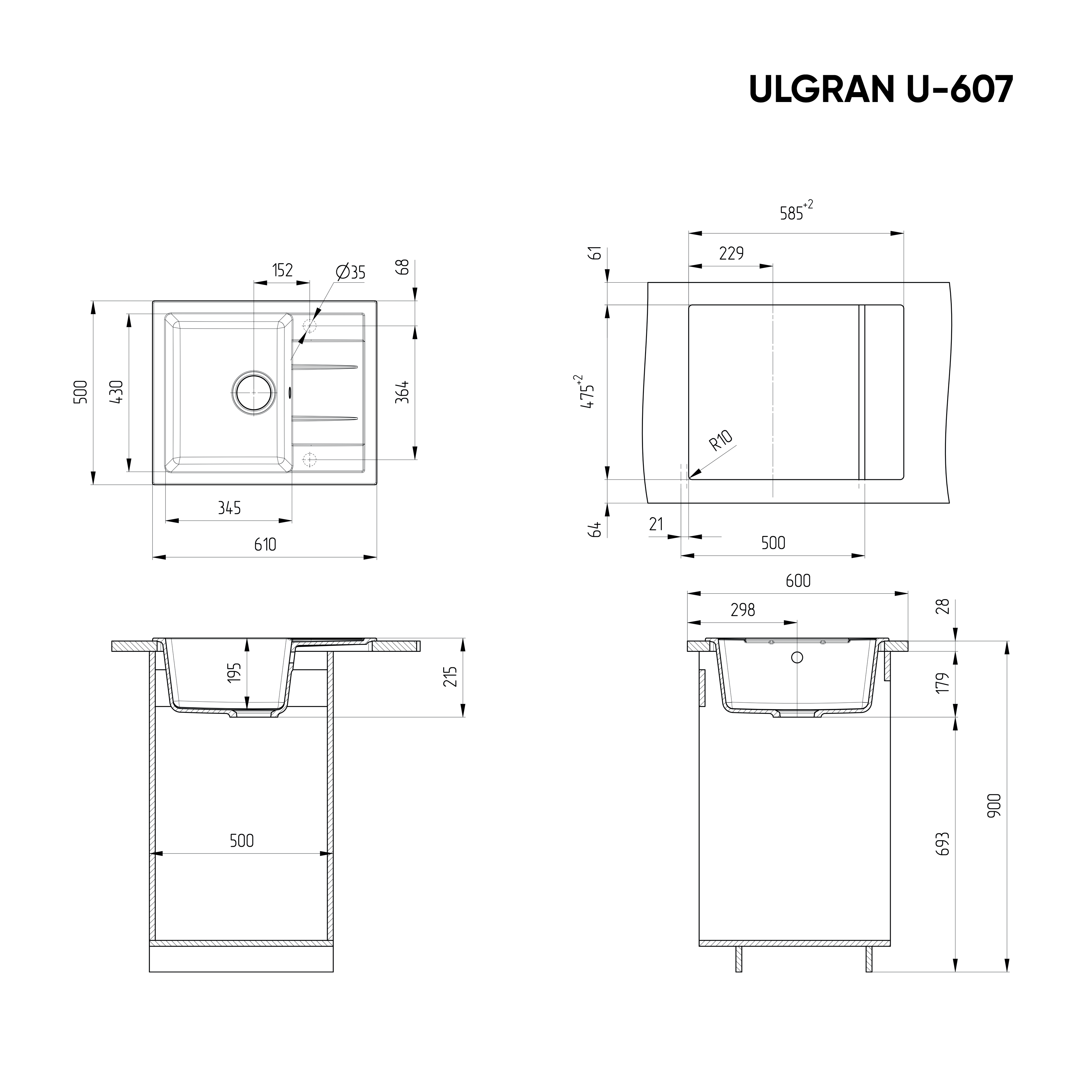 Мойка прямоугольная Ulgran U - 607 - 344 (ультра-чёрный) 610*500мм - миниатюра №3