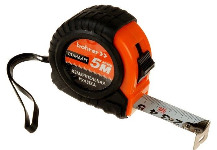 Рулетка Borher измерительная Стандарт 5м х 25мм, с фиксатором, обрезиненный ударопрочный корпус - Изображение №1