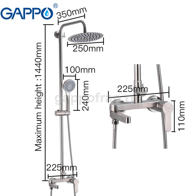 Душ/система нерж/сталь GAPPO G2499-30  /лейка 3 реж./тропический душ 245мм - Изображение №2