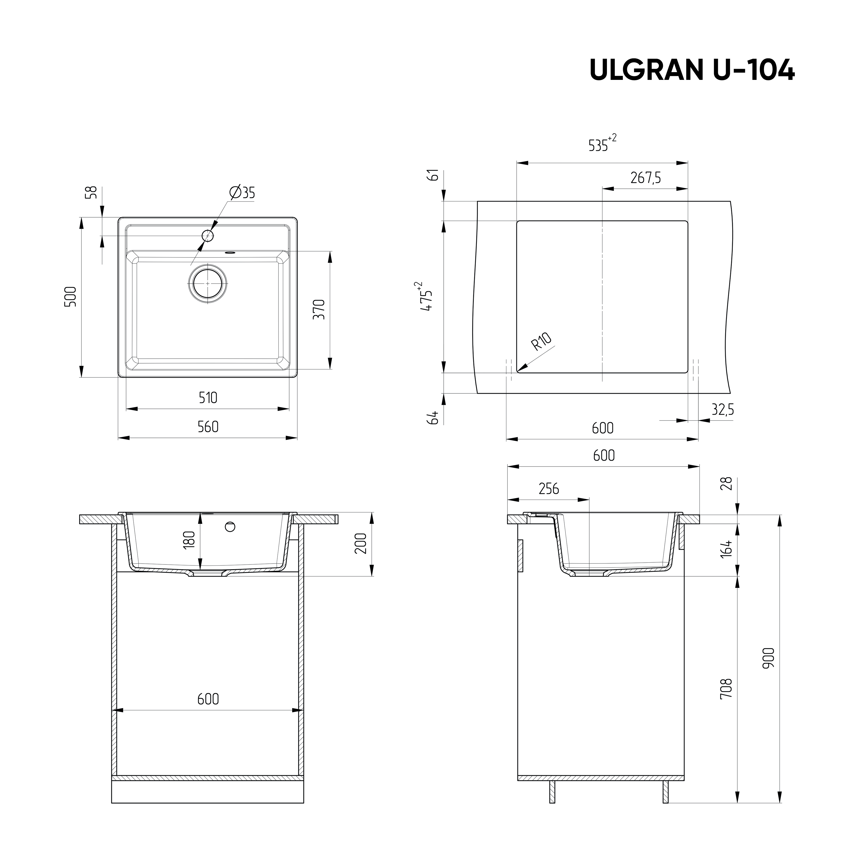 Мойка квадратная Ulgran U - 104 - 344 (ультра черный) 560*500мм - Изображение №3