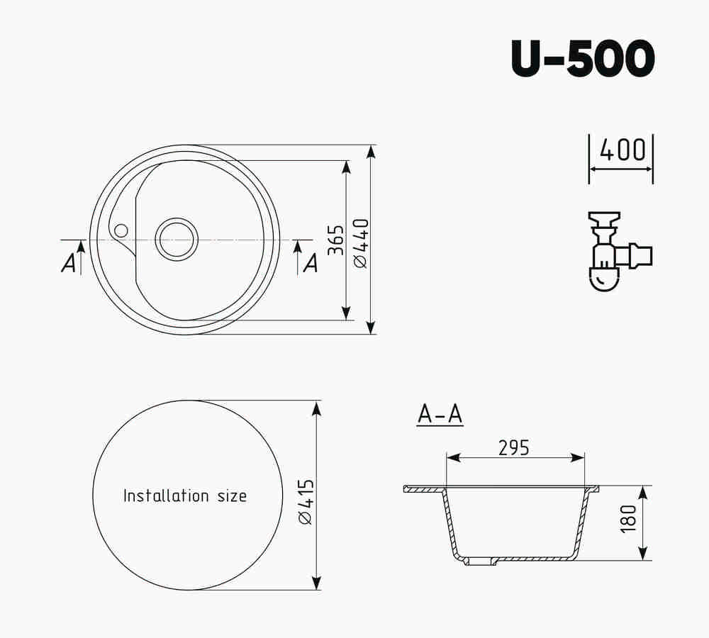 Мойка круглая Ulgran U - 500 / 700 - 344 (ультра-черный) 440мм РАСПРОДАЖА - миниатюра №2