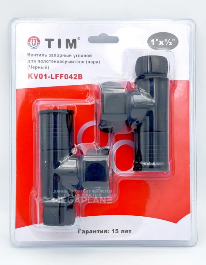 Кран  вентильный  с американкой   TIM   1"В - 1/2"В  угловой, круглый,черный   (1пара/20ящ) - Изображение №1