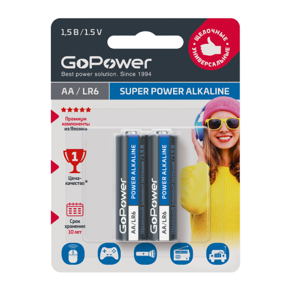 Батарейка GoPower LR6 AA BL2 Alkaline 1.5V 2шт/уп - Изображение №1