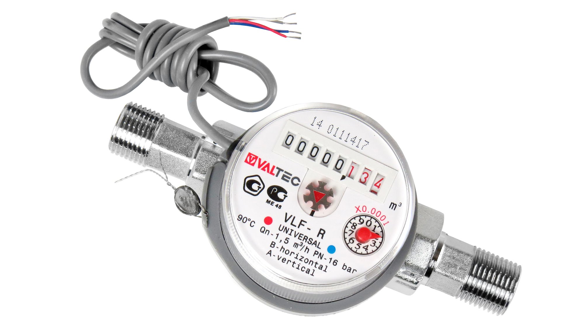 Водосчетчик квартирный Valtec с ИМПУЛЬСНЫМ выходом   +90С  1,5м3  1/2",  80мм  NEW - Изображение №1