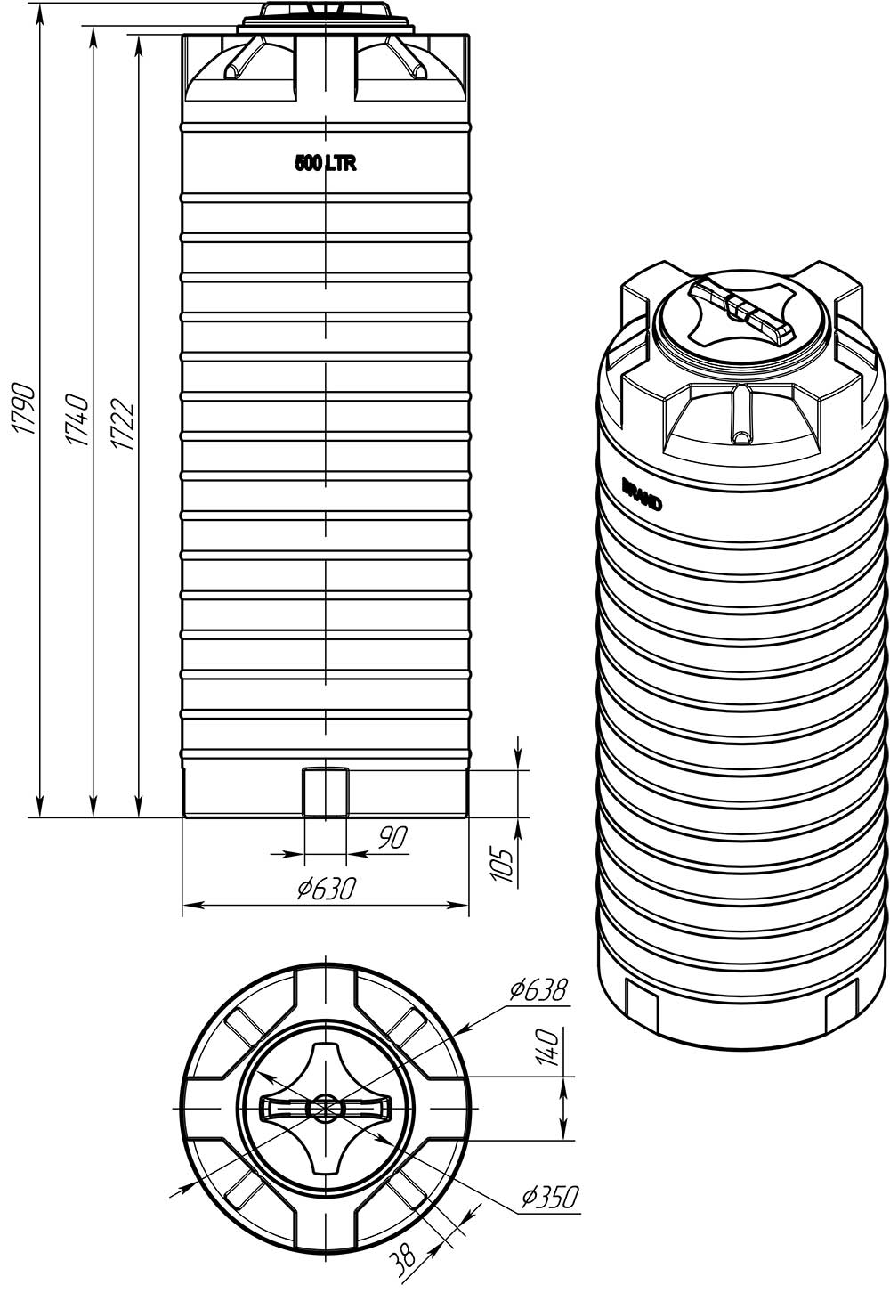 Емкость  СТЕРХ  500л   вертикальная  Синяя  (в176*д64) - Изображение №2