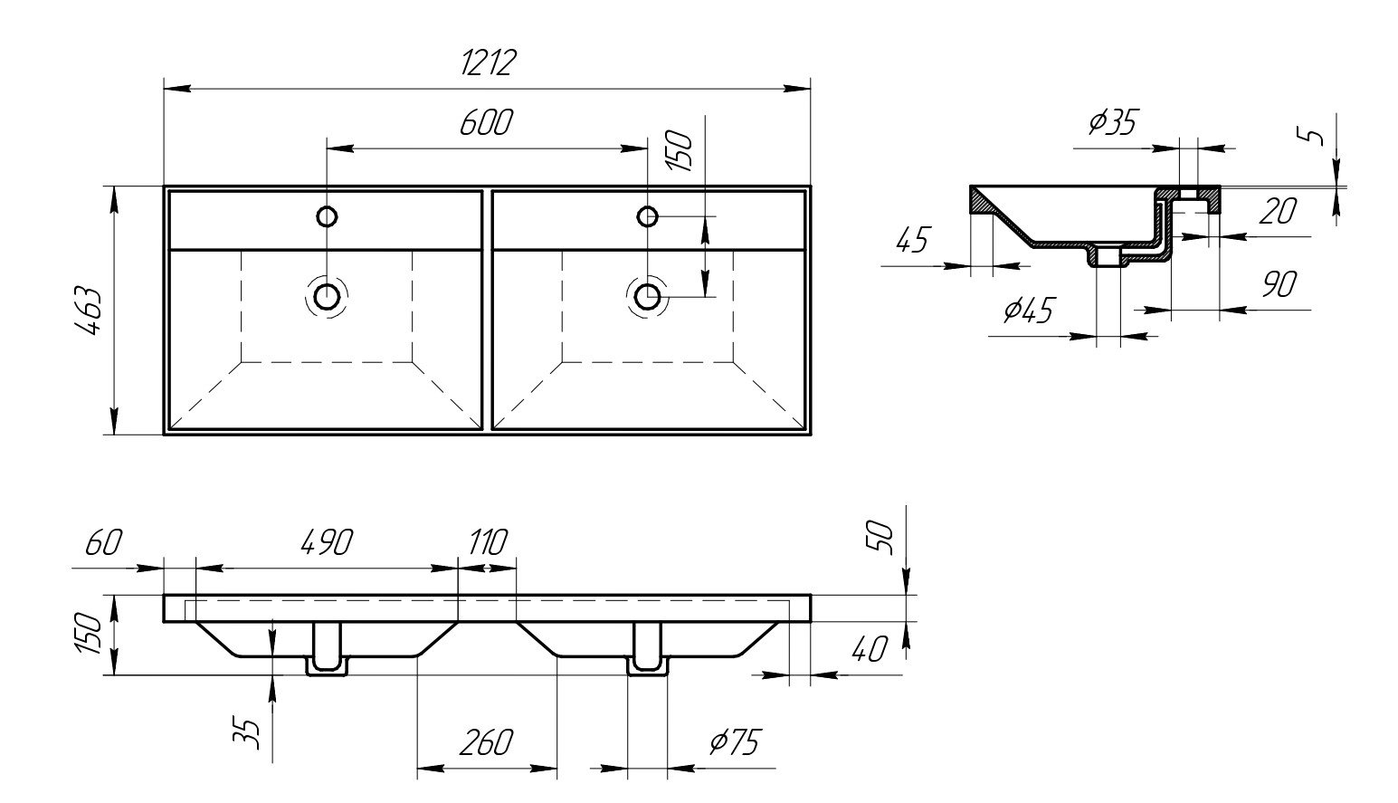 Умывальник накладной Line 1200 EVA GOLD (1212*463*150 мм) - Изображение №2