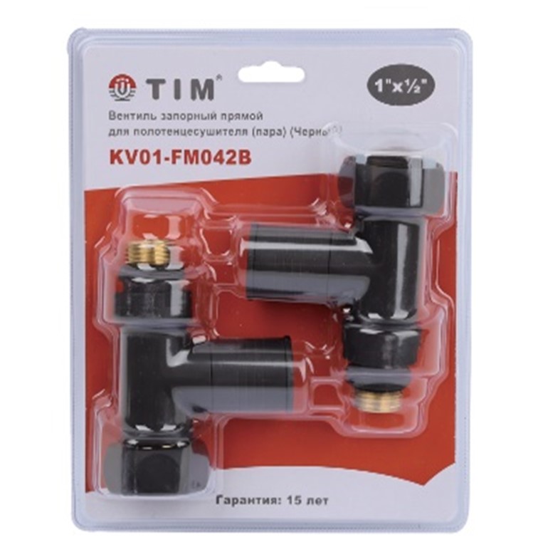 Кран  вентильный  с американкой   TIM   1"В - 1/2"Н  прямой, круглый,черный   (1пара/20ящ) - Изображение №1
