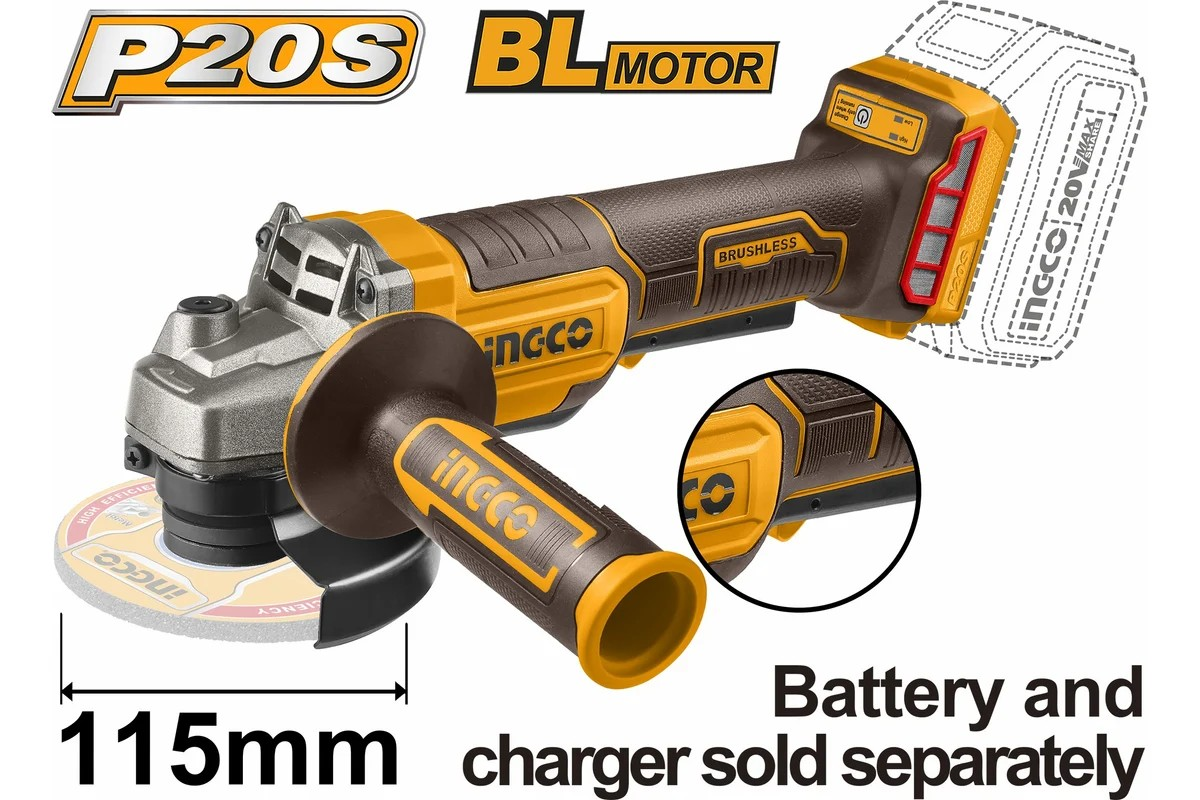 Углошлифовальная машина аккум.Б/Щ 20V MAX INGCO INDUSTRIAL (115/125мм, без АКБ и ЗУ) - миниатюра №7