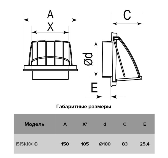 Выход стенной КФВ с обратным клапаном d100 Ш150*В150 (20шт/уп) Эра - Изображение №5