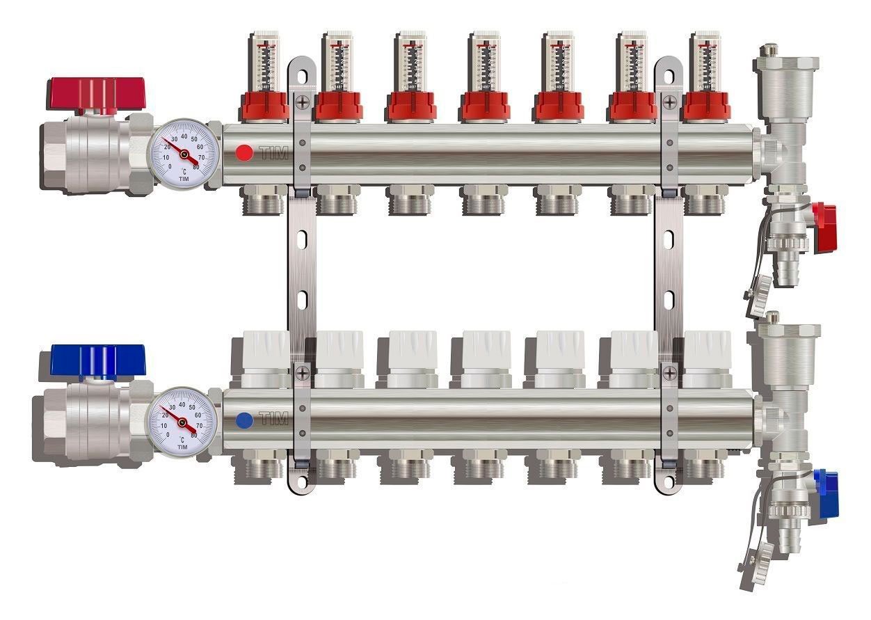 Коллектор с расходомерами  TIM латунный 1" с КРАНАМИ на   7 выходов   (1шт/2ящ) - миниатюра №2