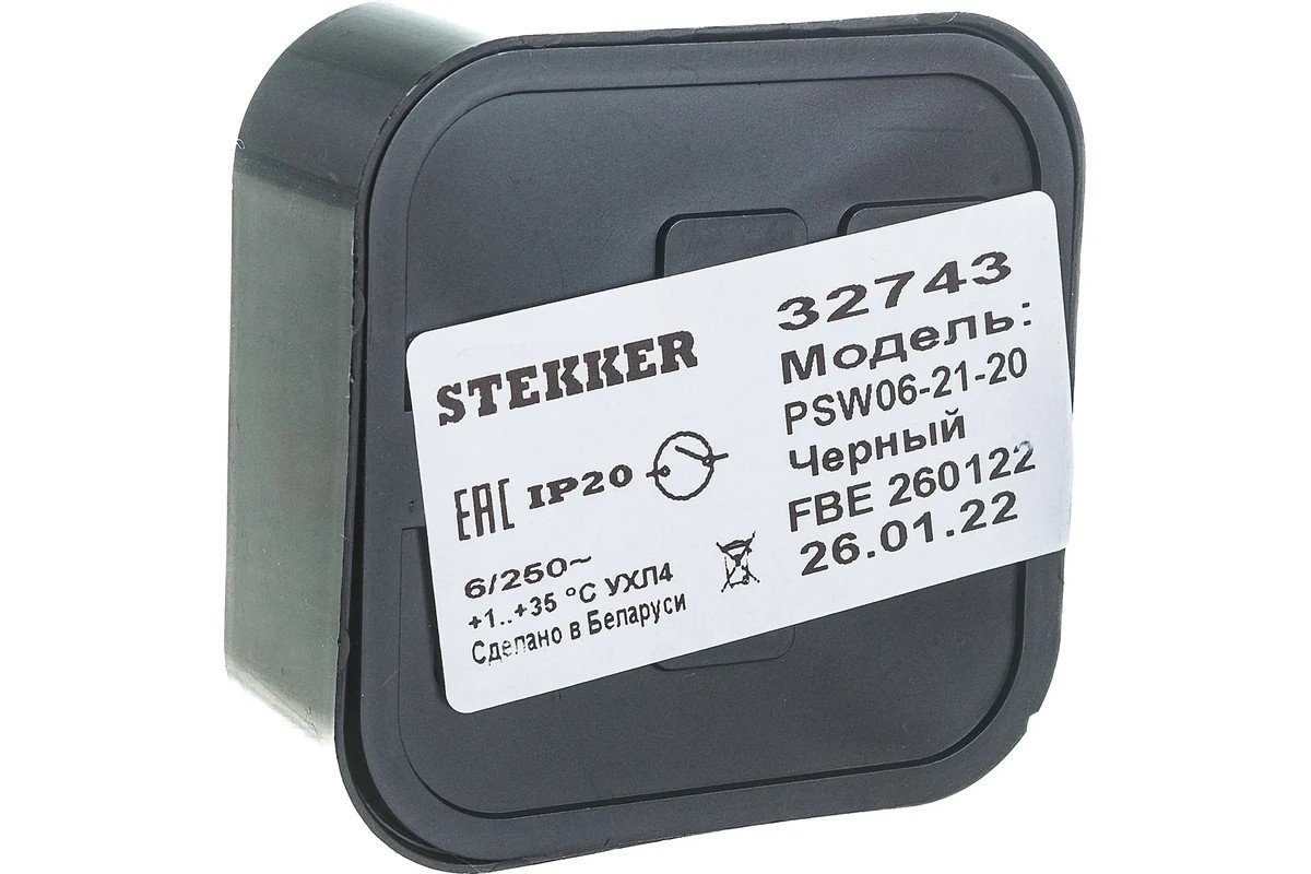 Выключатель одноклав. открытой установки, 250В, 6А, IP20, черный, STEKKER PSW06-21-20 (VA 16-131-Ч) - Изображение №2
