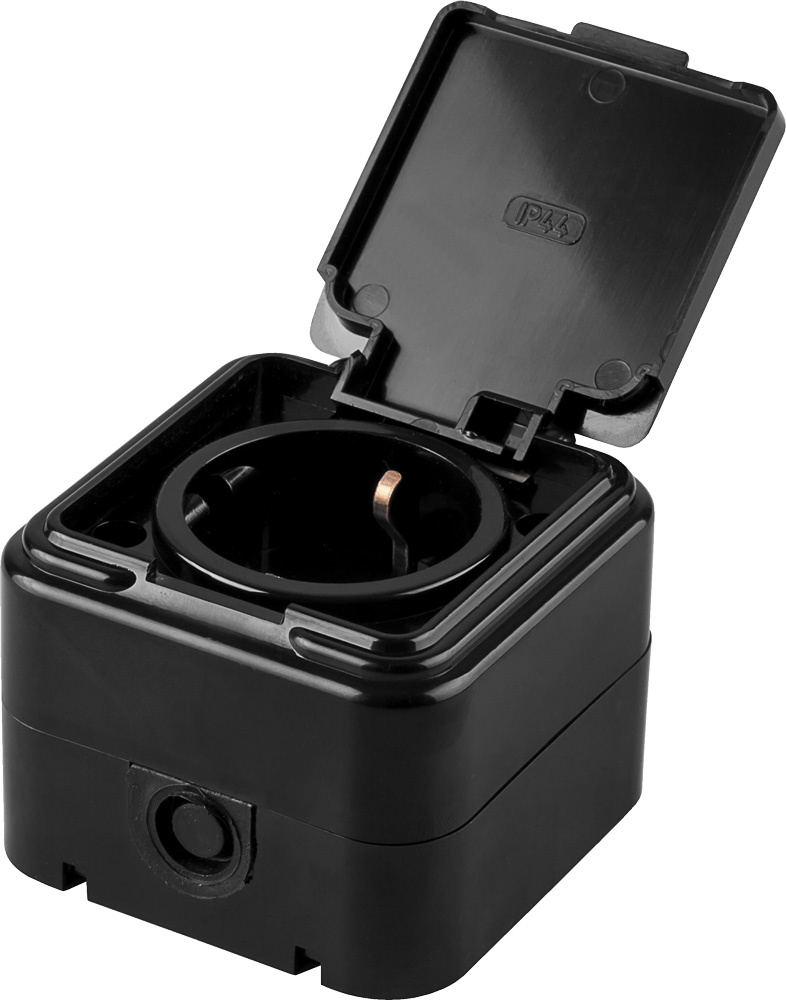 Розетка 1-местная с заземлением с крышкой открытой установки, 16А, IP44, STEKKER PST16-21-44, черная - изображение №1