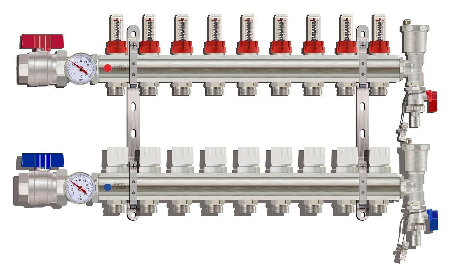Коллектор с расходомерами TIM латунный  1" с КРАНАМИ на   9 выходов   (1шт/2ящ) - изображение №1