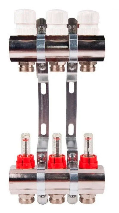 Коллектор с расходомерами TIM латунный 1" на  3 выхода (БЕЗ СЛИВНЫХ УЗЛОВ) (снят с производства) - изображение №1