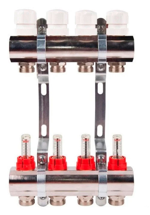 Коллектор с расходомерами TIM латунный 1" на  4 выхода (БЕЗ СЛИВНЫХ УЗЛОВ) - изображение №1