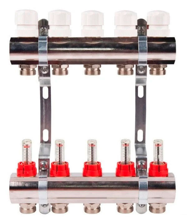 Коллектор с расходомерами TIM латунный 1" на  5 выхода (БЕЗ СЛИВНЫХ УЗЛОВ) - миниатюра №2