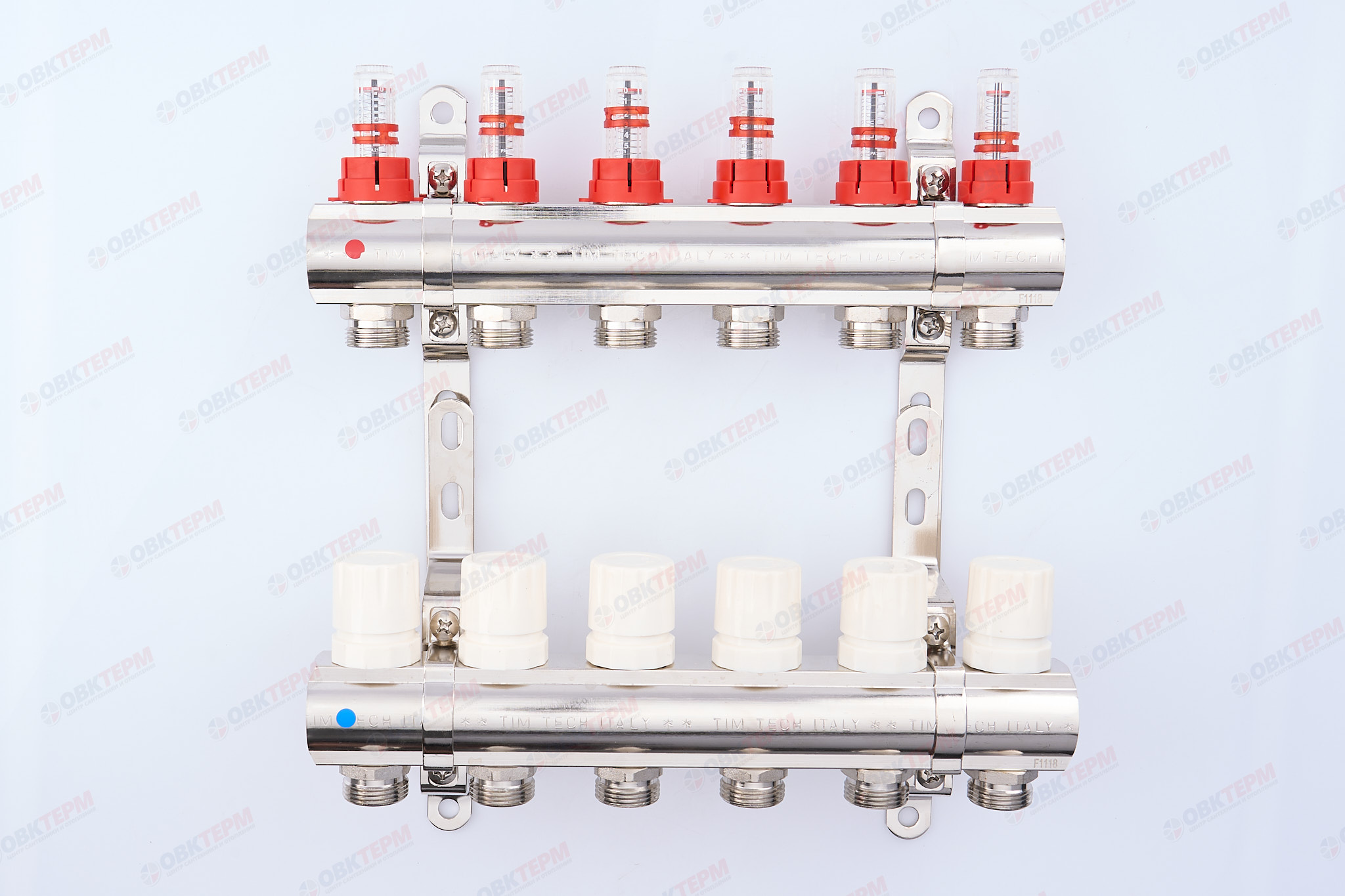 Коллектор с расходомерами TIM латунный 1" на  6 выхода (БЕЗ СЛИВНЫХ УЗЛОВ) - изображение №1