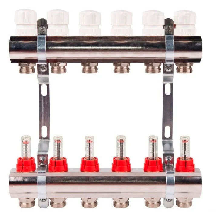 Коллектор с расходомерами TIM латунный 1" на  6 выхода (БЕЗ СЛИВНЫХ УЗЛОВ) - миниатюра №2