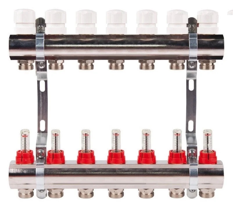 Коллектор с расходомерами TIM латунный 1" на  7 выхода (БЕЗ СЛИВНЫХ УЗЛОВ) - изображение №1